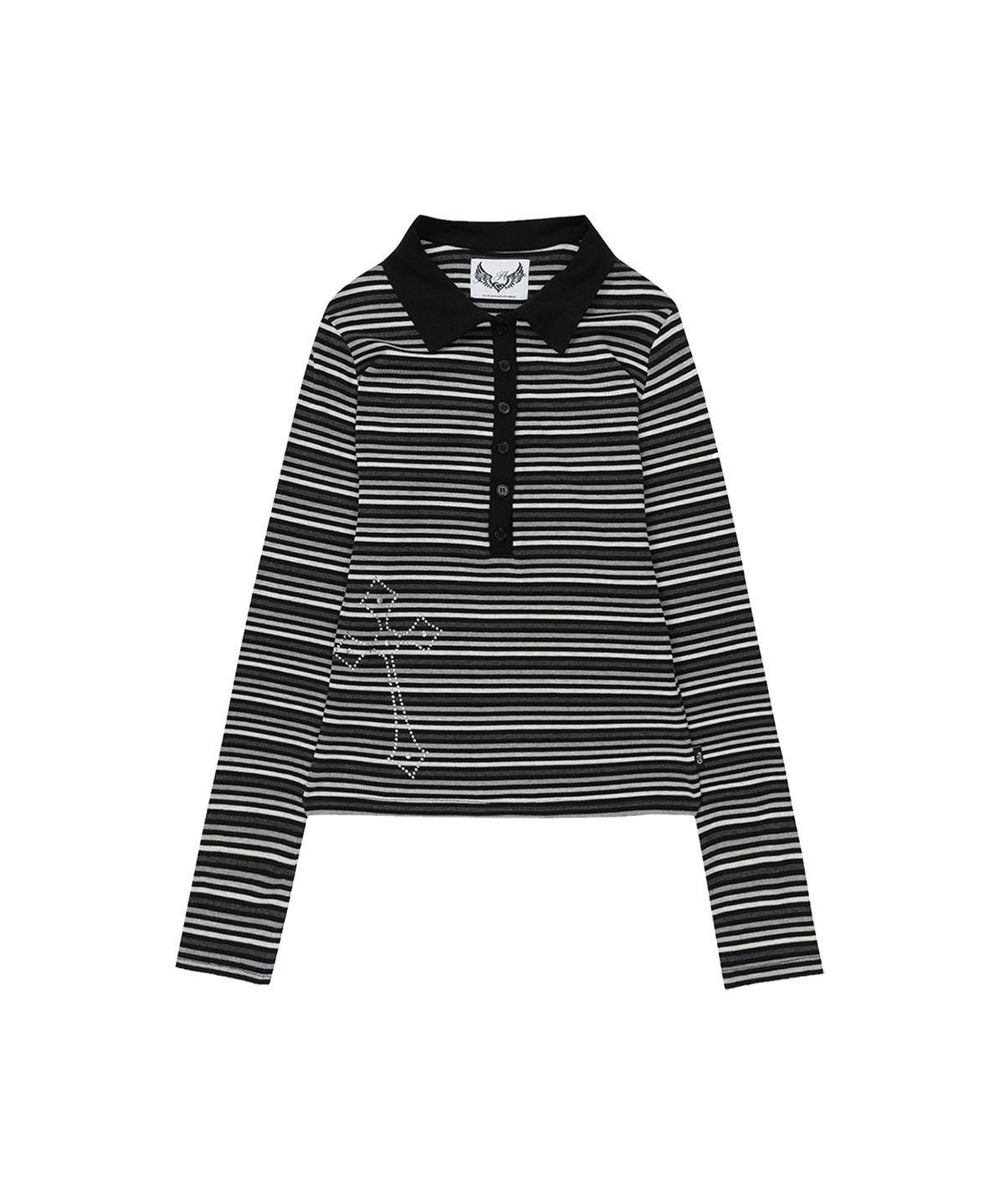 길라아카이브(GILAARCHIVE) CROSS BUTTON COLLAR STRIPE LONG SLEEVE_CHARCOAL
