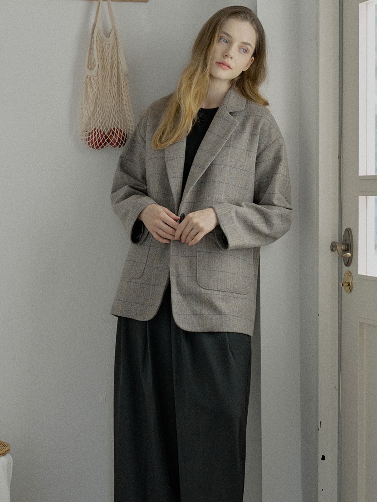 아방(AVANT-G) Check Herringbone Oversize Jacket - LIGHT GREY