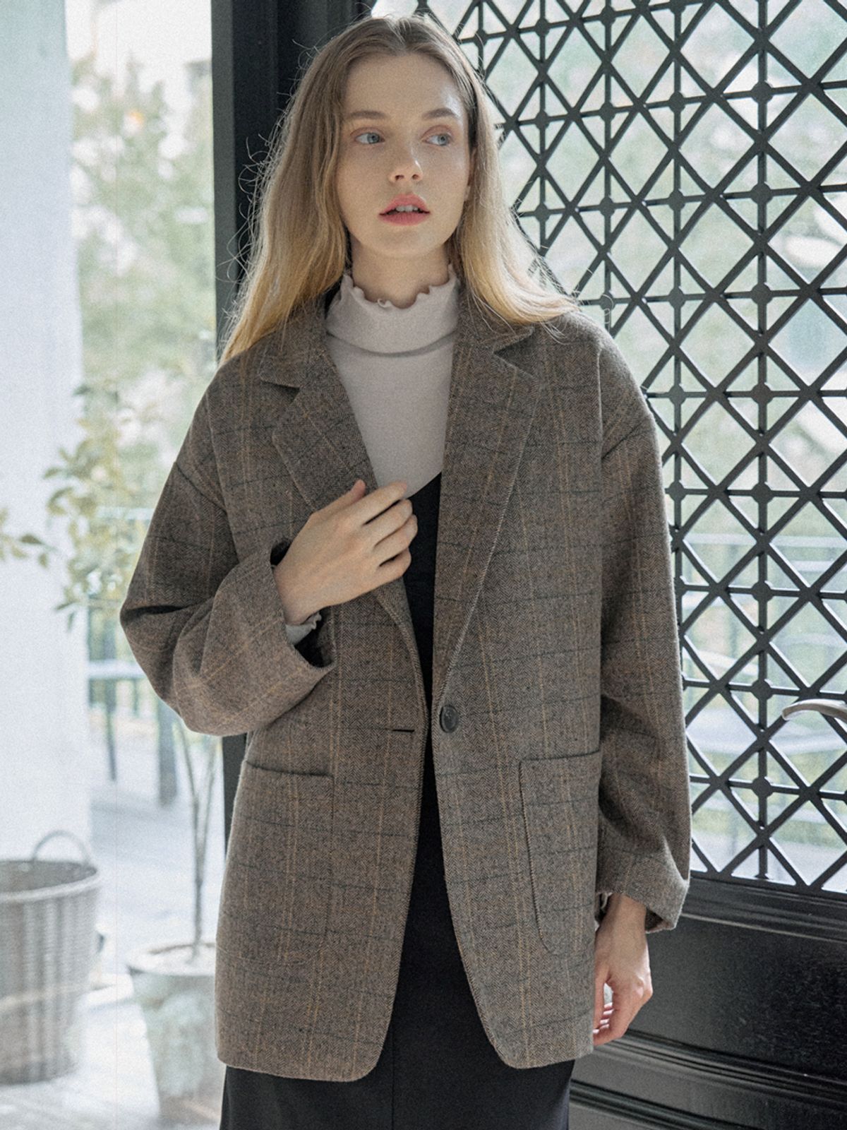 아방(AVANT-G) Check Herringbone Oversize Jacket - BROWN