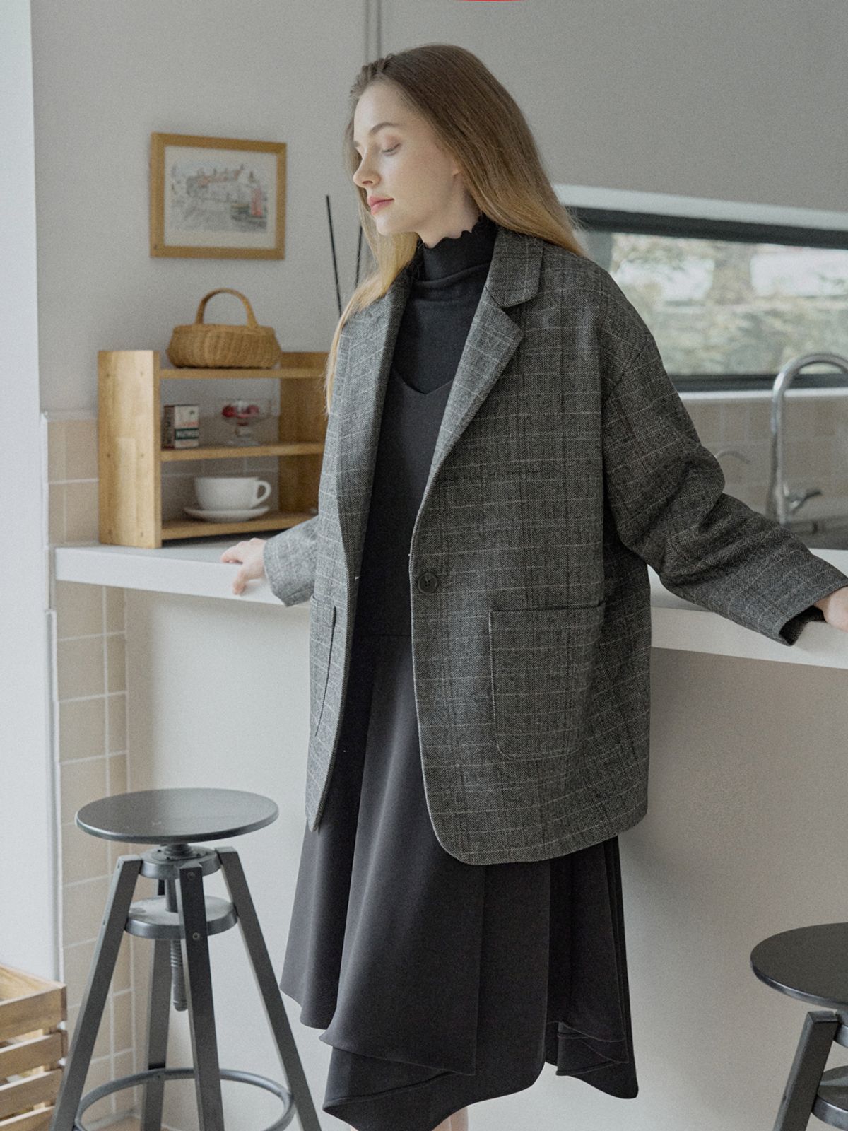 아방(AVANT-G) Check Herringbone Oversize Jacket - BLACK