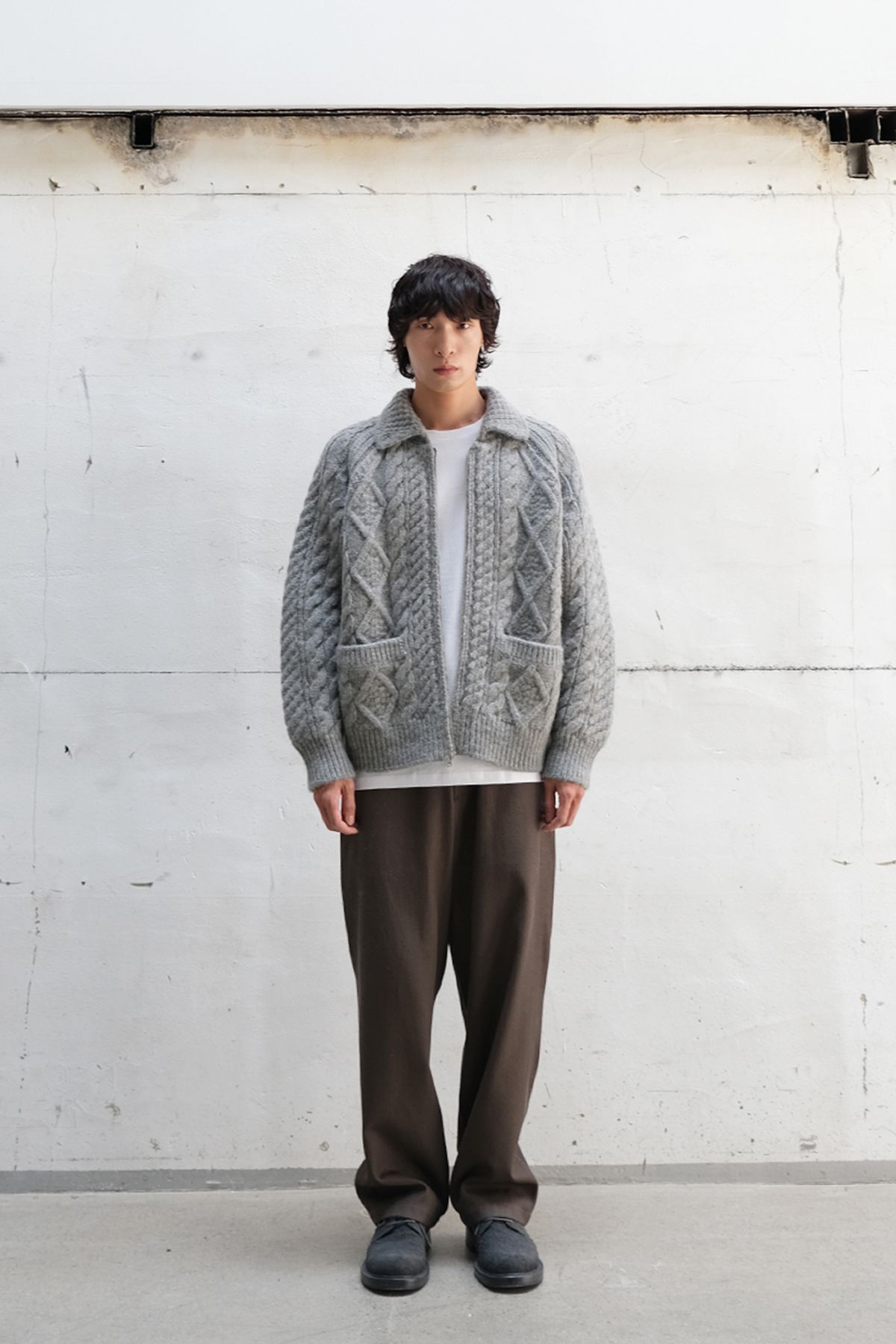홀리선(HORLISUN) Aran Zip Up Knit Cardigan Melange Gray
