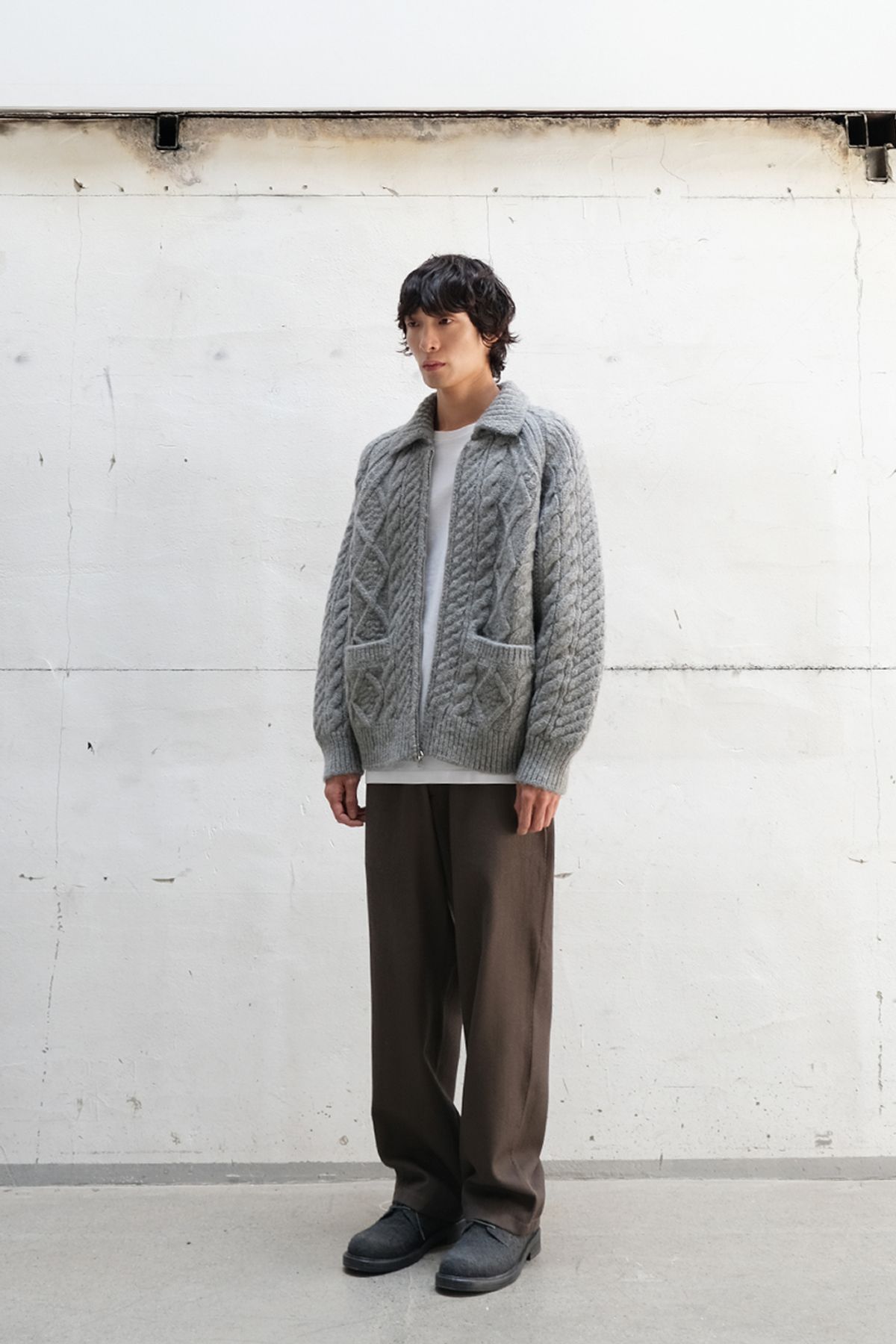 홀리선(HORLISUN) Aran Zip Up Knit Cardigan Melange Gray