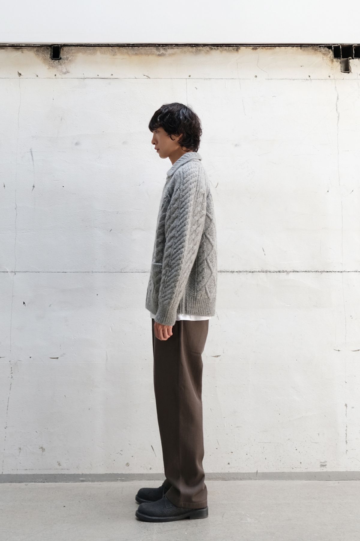 홀리선(HORLISUN) Aran Zip Up Knit Cardigan Melange Gray
