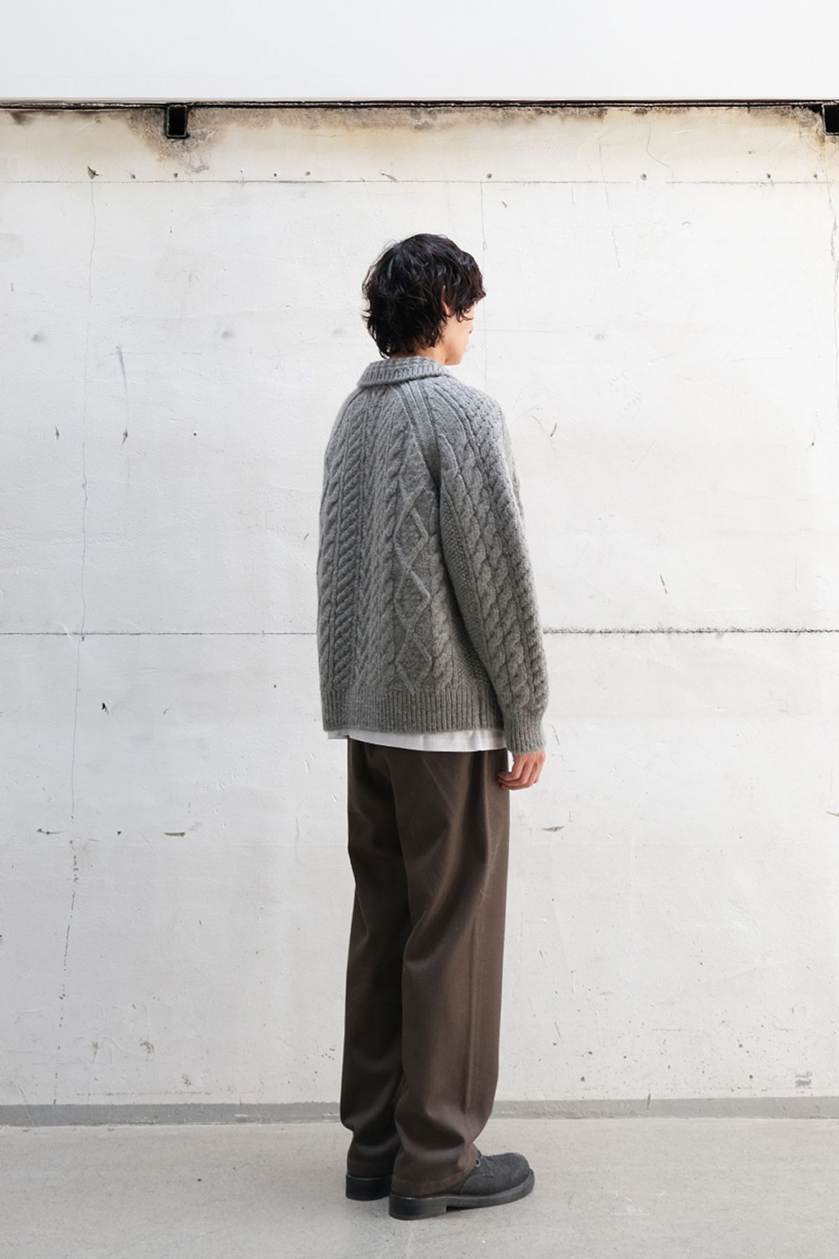 홀리선(HORLISUN) Aran Zip Up Knit Cardigan Melange Gray