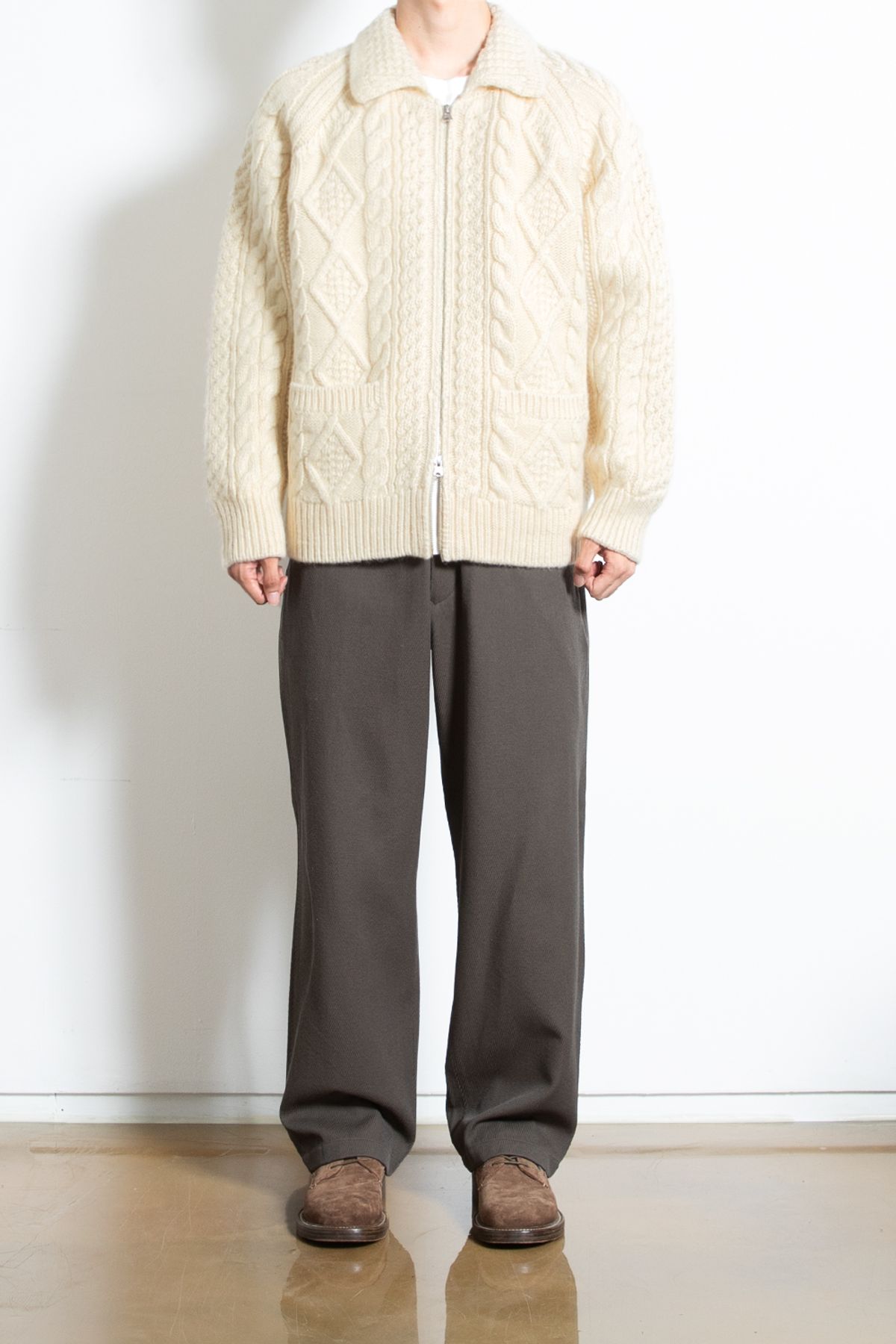 홀리선(HORLISUN) Aran Zip Up Knit Cardigan Ecru