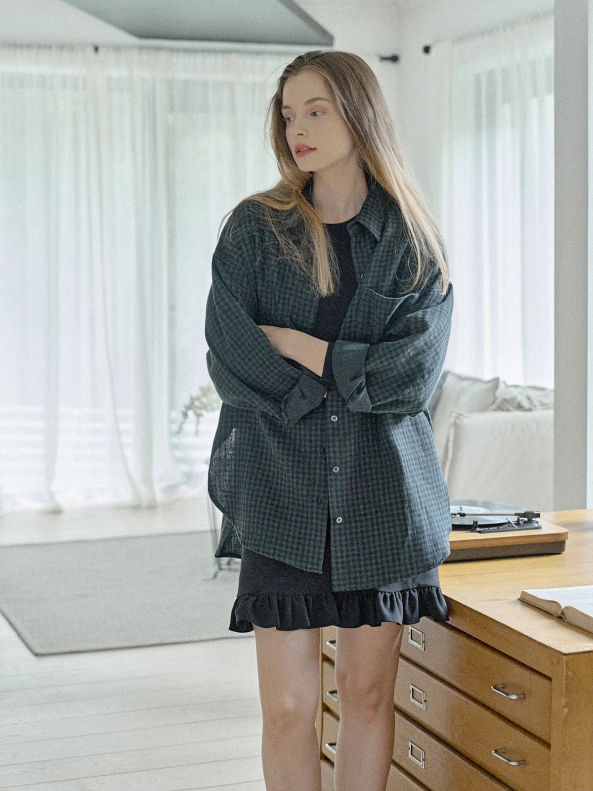 아방(AVANT-G) Overfit Cotton Check Shirt - GREEN