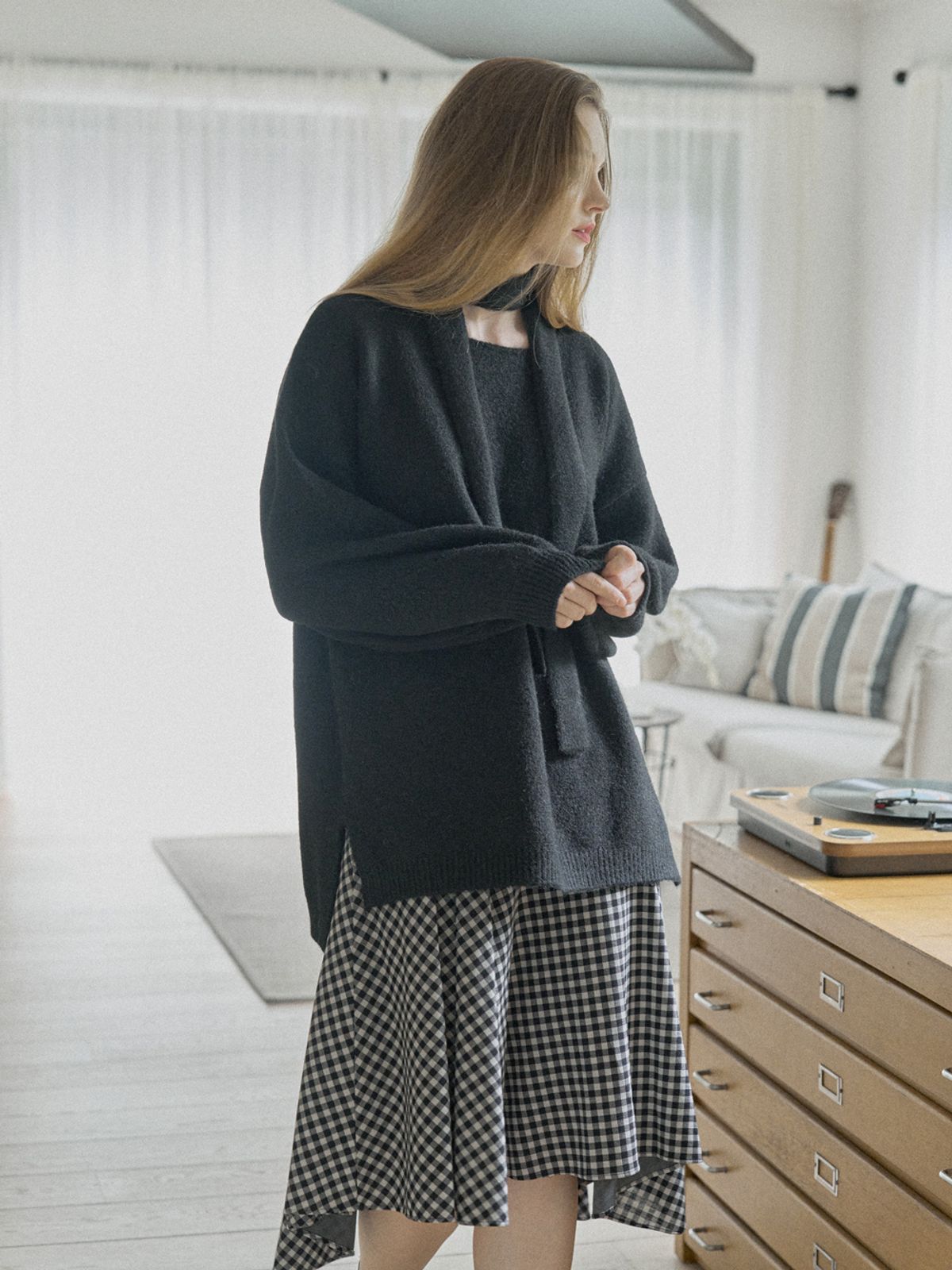 아방(AVANT-G) Muffler Set Long Knit Pullover - BLACK