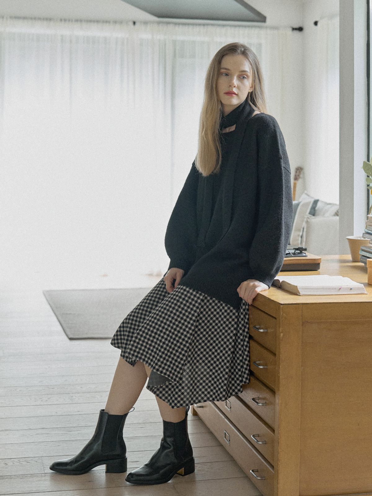 아방(AVANT-G) Muffler Set Long Knit Pullover - BLACK