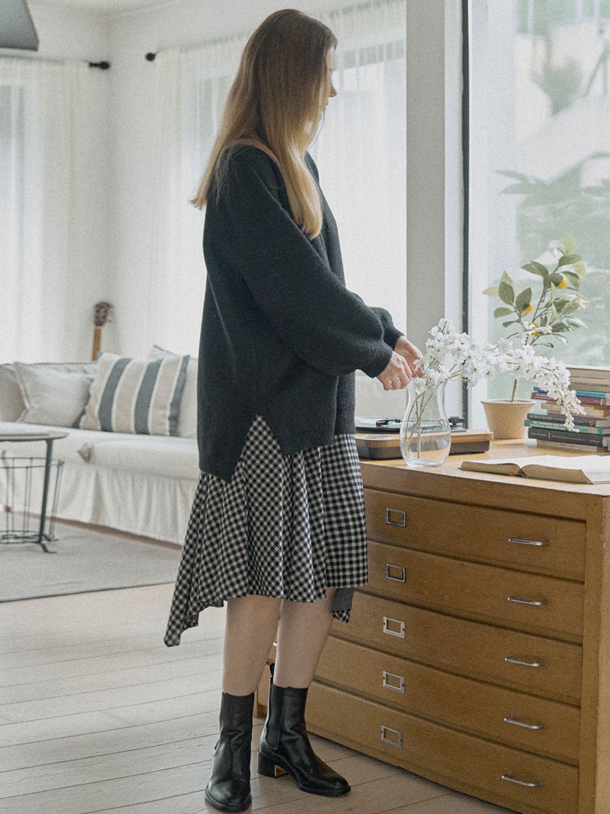 아방(AVANT-G) Muffler Set Long Knit Pullover - BLACK