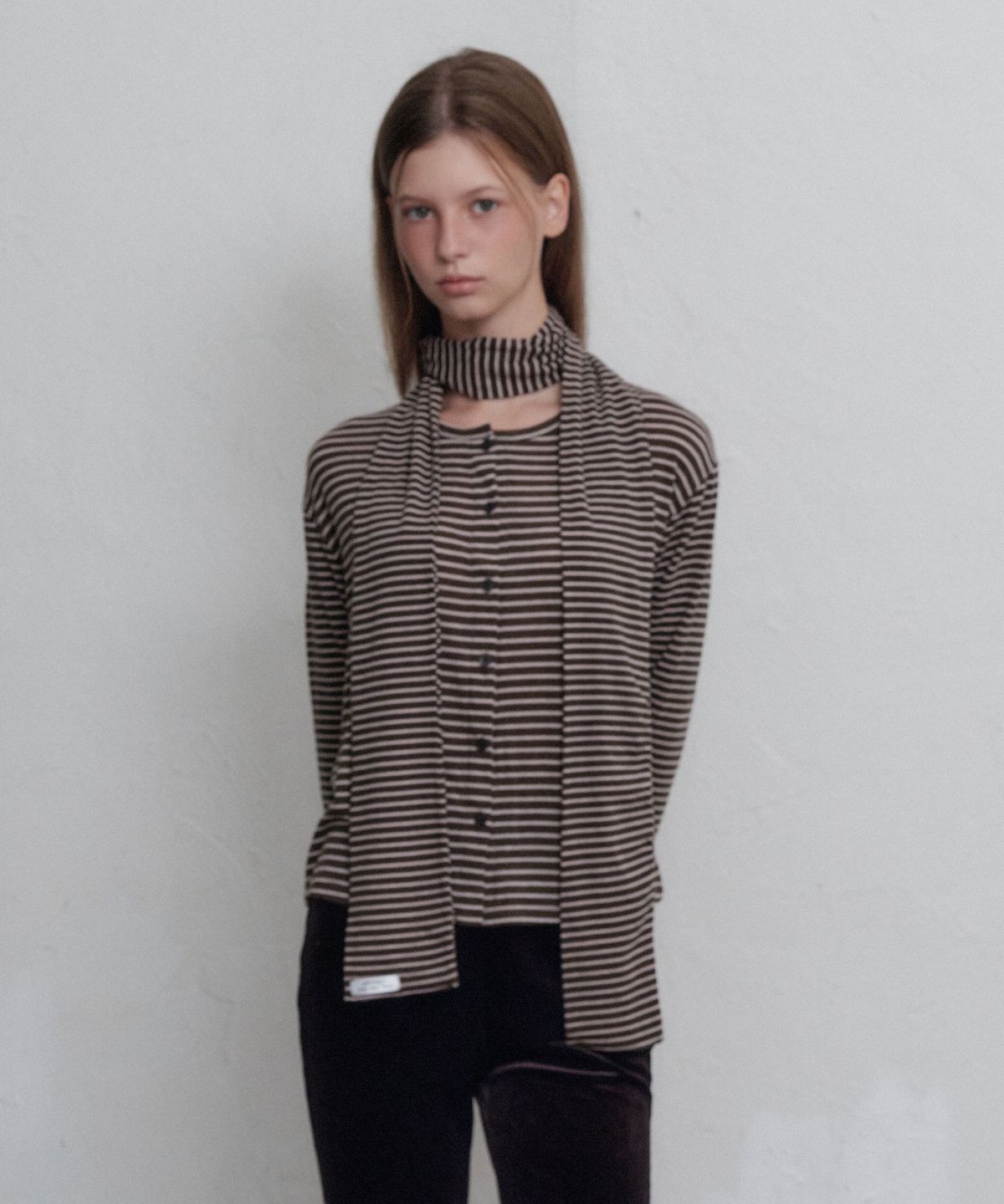 무니쉬(MOONISH) Stripe button long sleeve-muffler SET (Brown)