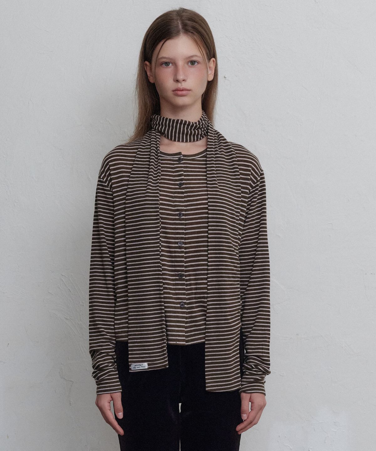 무니쉬(MOONISH) Stripe button long sleeve-muffler SET (Brown)