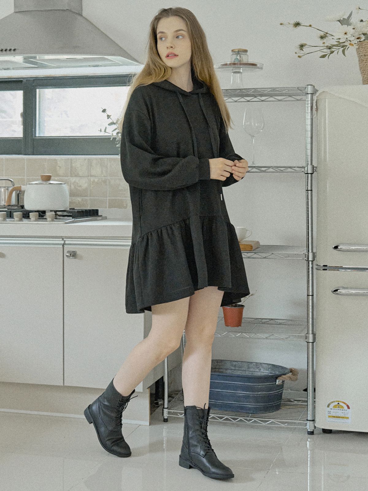 아방(AVANT-G) Hooded Frill Mini Dress - BLACK