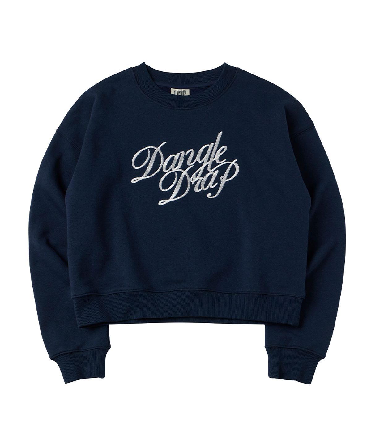 댕글드랍(DANGLEDROP) DGDP 레터링 자수 크롭 맨투맨_네이비