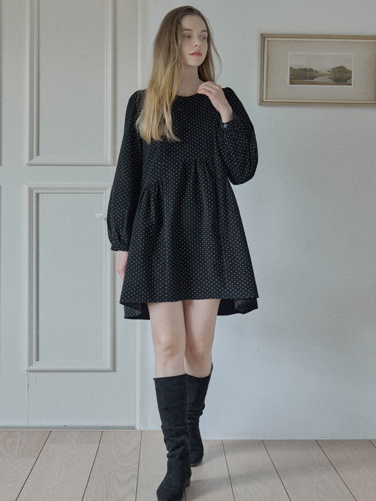 아방(AVANT-G) Dot Corduroy Mini Dress - BLACK