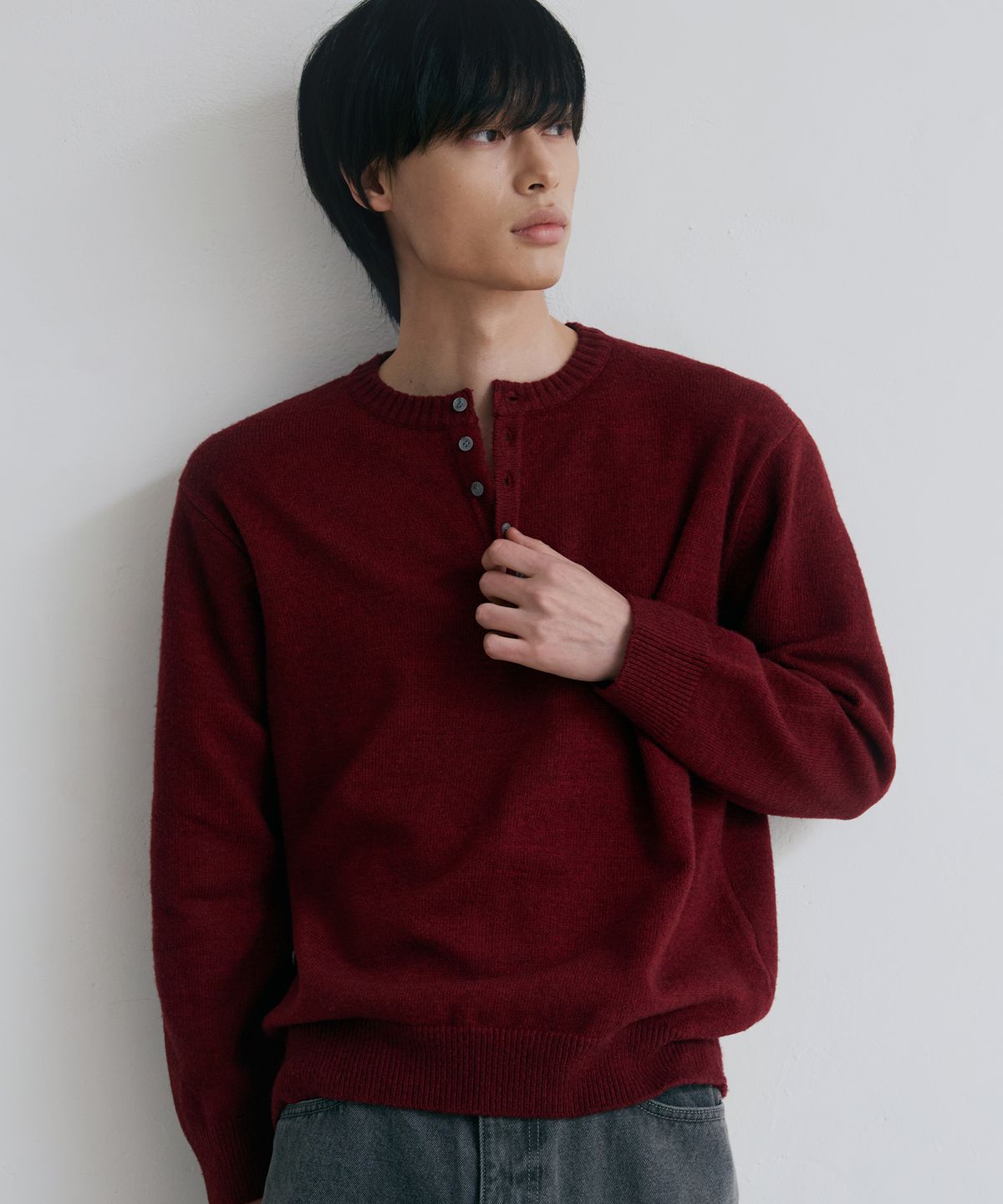 노드유(NODU) 데일리 플레인 헨리넥 니트 [버건디]