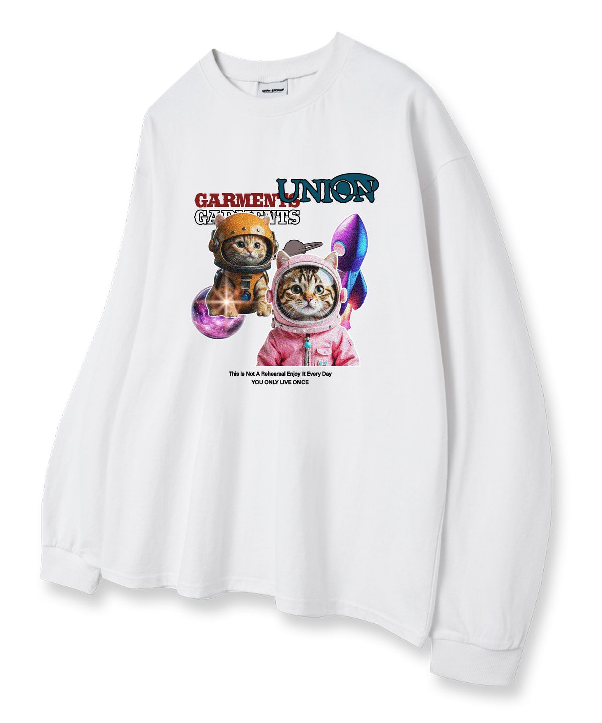 유니온가먼츠(UNION GARMENTS) 스페이스캣 루즈핏 긴팔 티셔츠 화이트 [베이직or시보리]