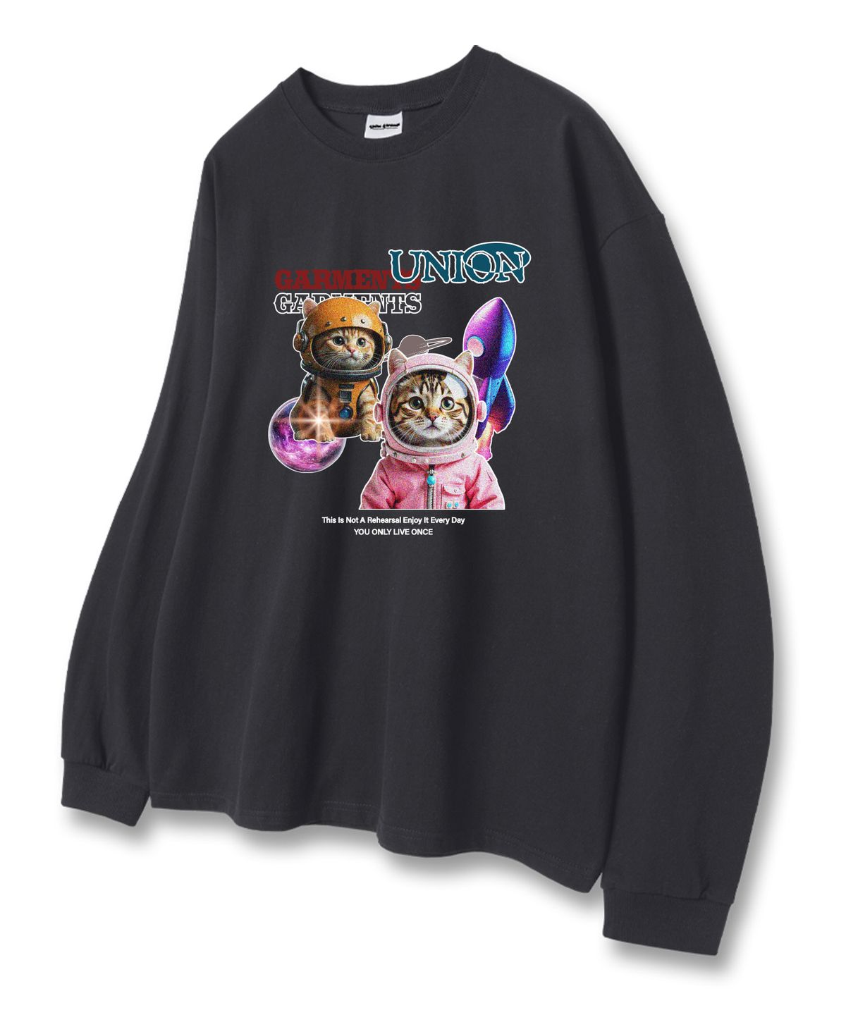 유니온가먼츠(UNION GARMENTS) 스페이스캣 루즈핏 긴팔 티셔츠 다크그레이 [베이직or시보리]