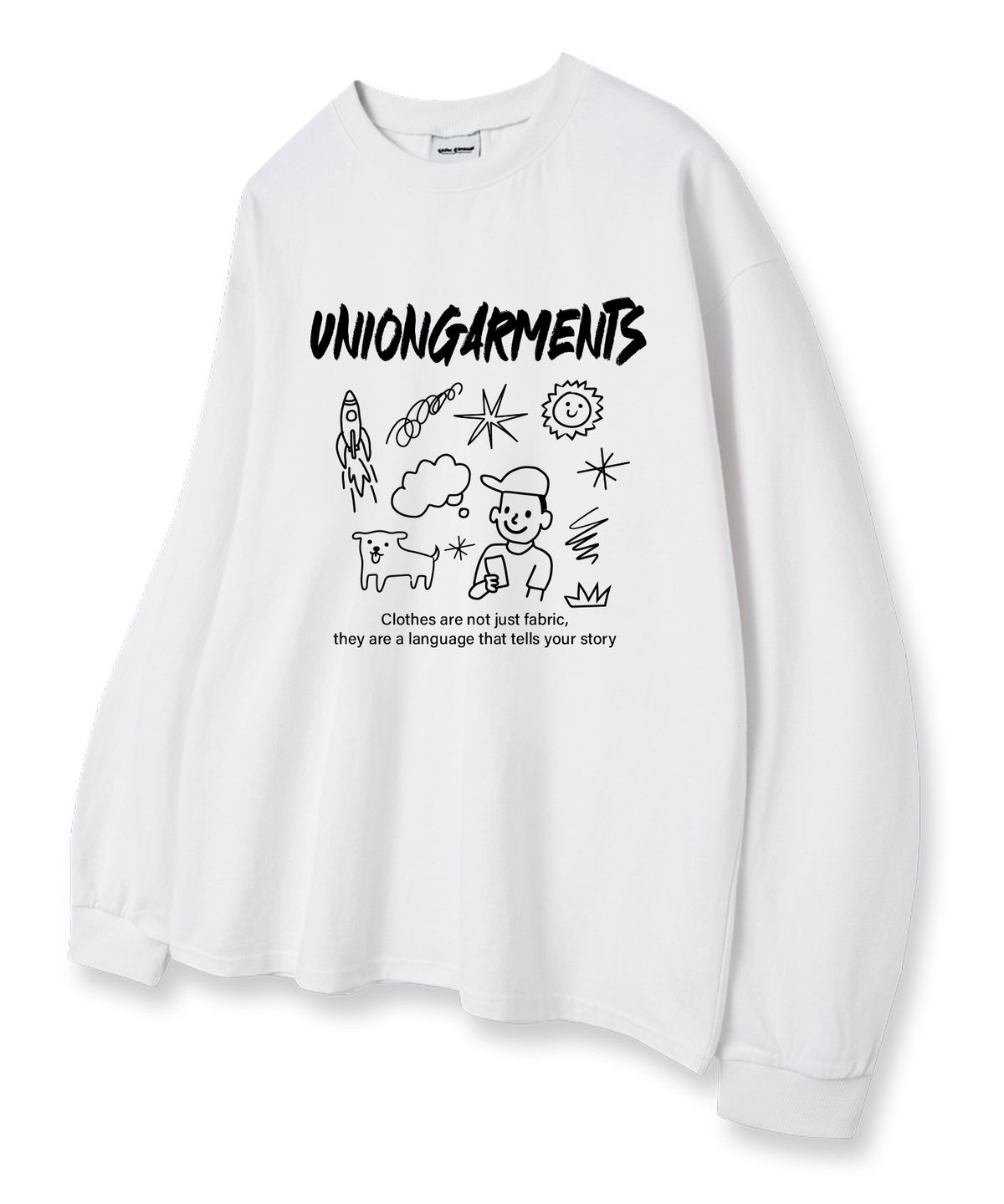 유니온가먼츠(UNION GARMENTS) 캡보이스케치 루즈핏 긴팔 티셔츠 화이트 [베이직or시보리]