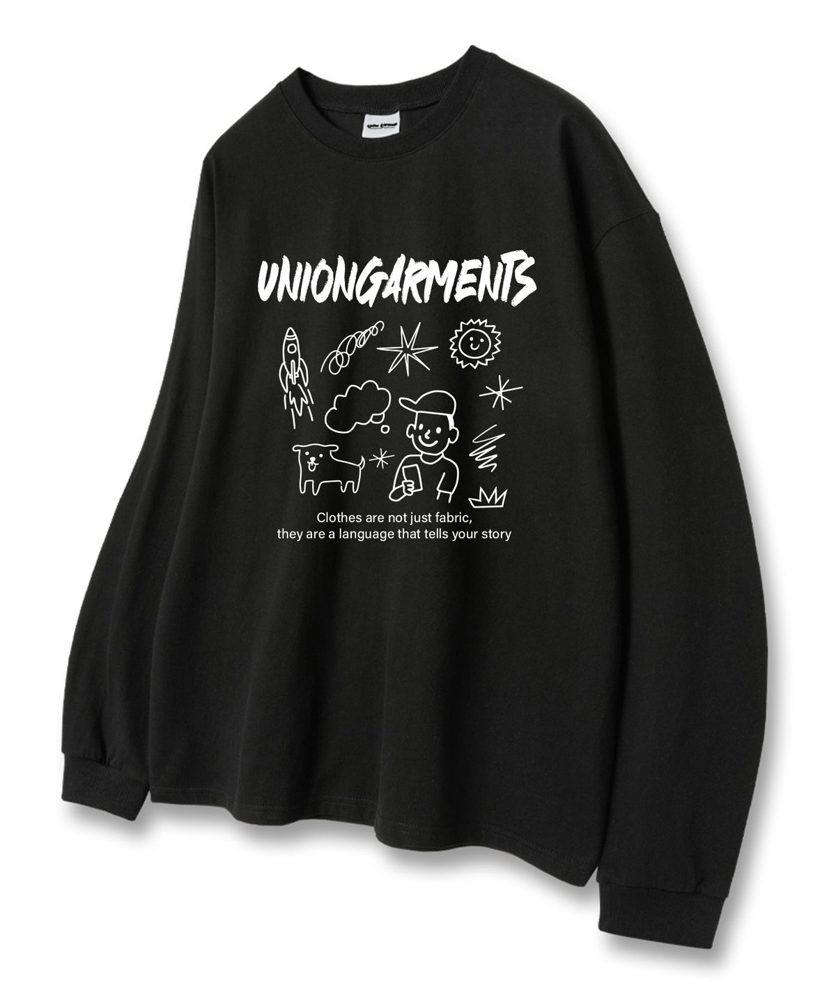 유니온가먼츠(UNION GARMENTS) 캡보이스케치 루즈핏 긴팔 티셔츠 블랙 [베이직or시보리]