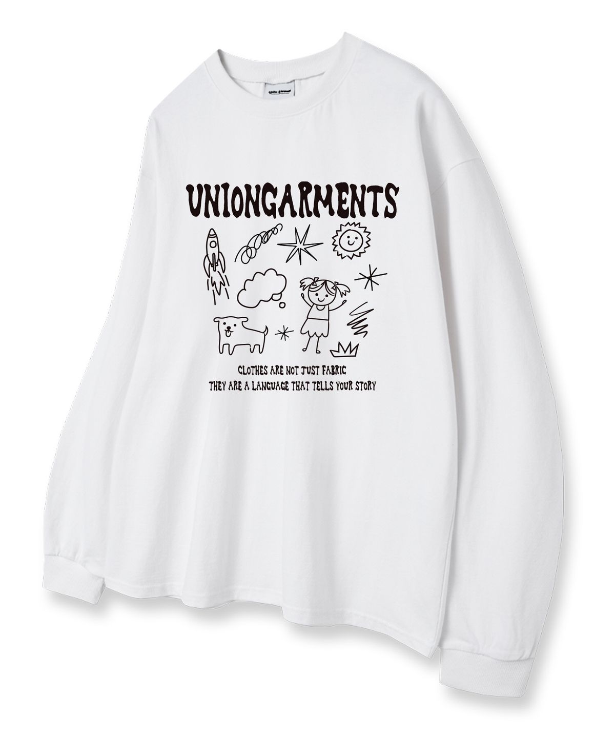 유니온가먼츠(UNION GARMENTS) 큐티걸스케치 루즈핏 긴팔 티셔츠 화이트 [베이직or시보리]
