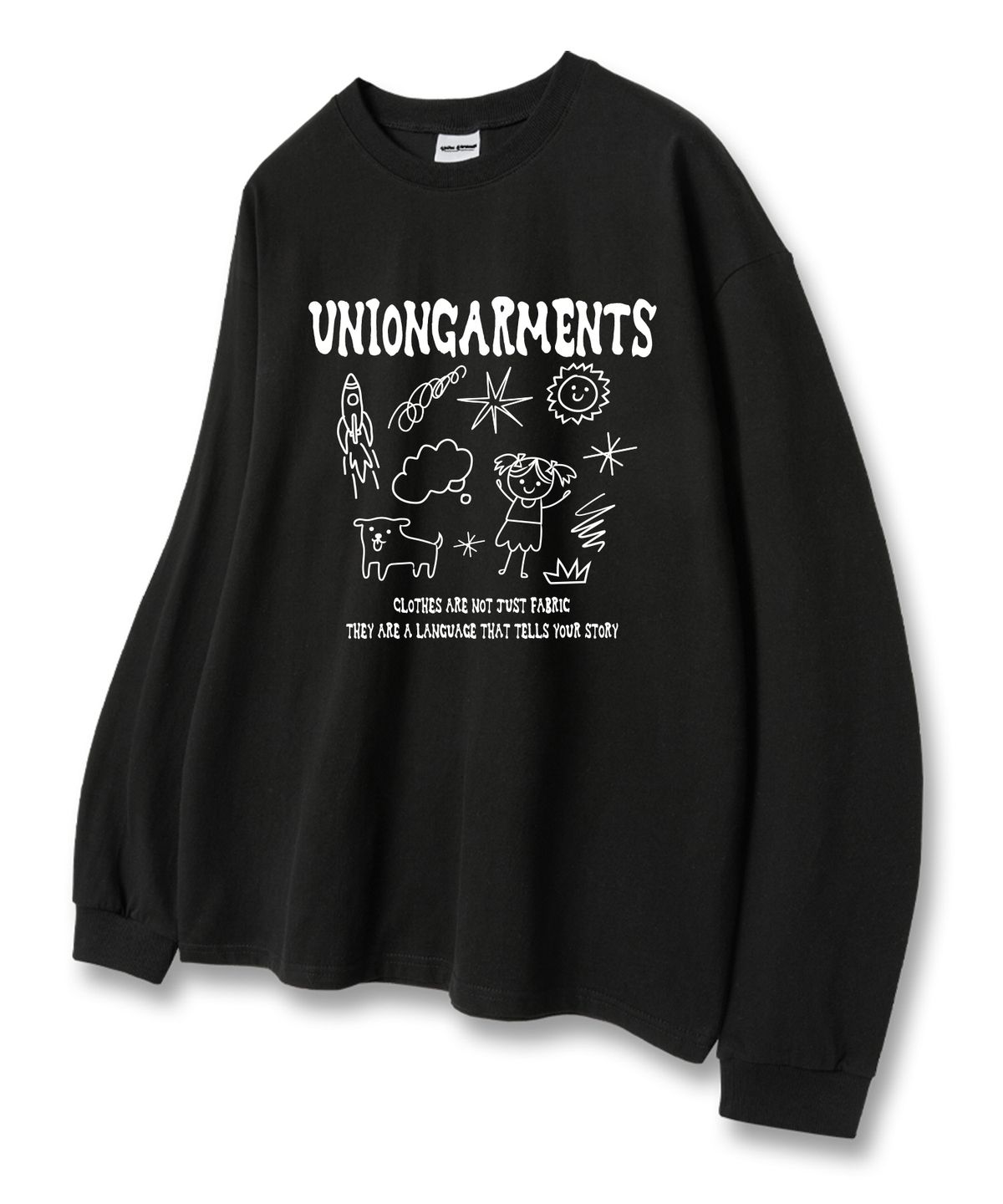 유니온가먼츠(UNION GARMENTS) 큐티걸스케치 루즈핏 긴팔 티셔츠 블랙 [베이직or시보리]