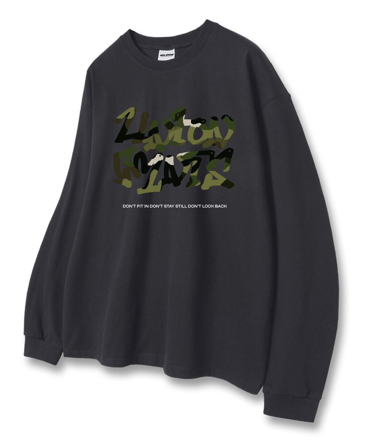 유니온가먼츠(UNION GARMENTS) 밀리메리아로고 루즈핏 긴팔 티셔츠 다크그레이 [베이직or시보리]