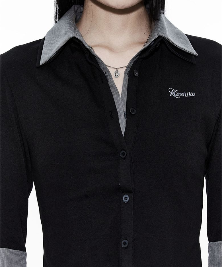 MUSINSA公式 | KASHIKO Double Collar Slim Shirts Black