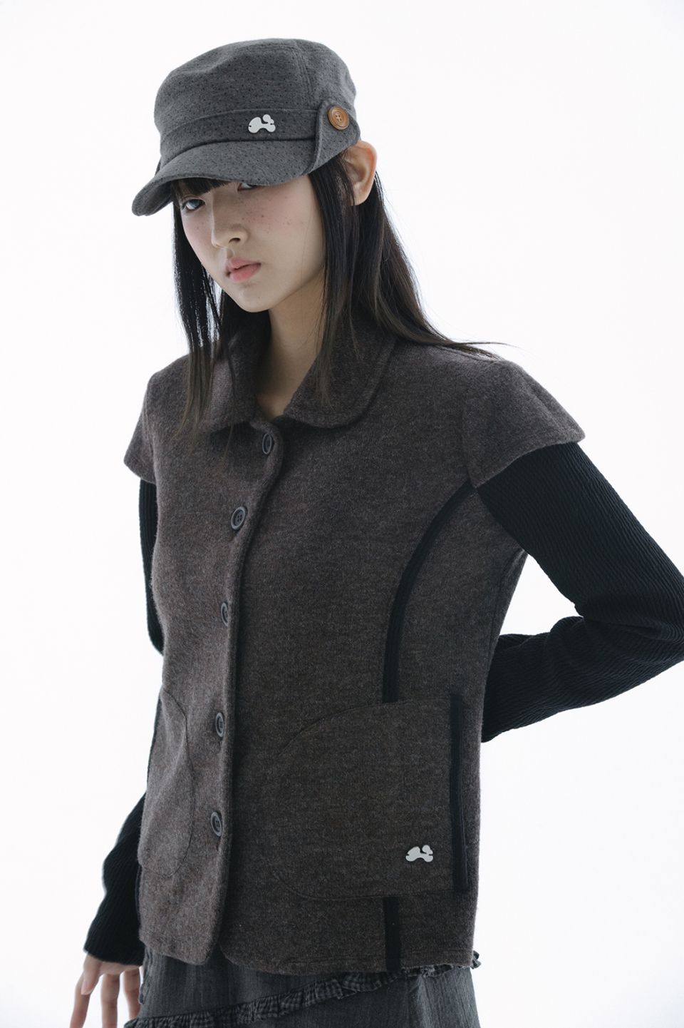 MUSINSA | HUG YOUR SKIN Round collar knit jacket (Brown)