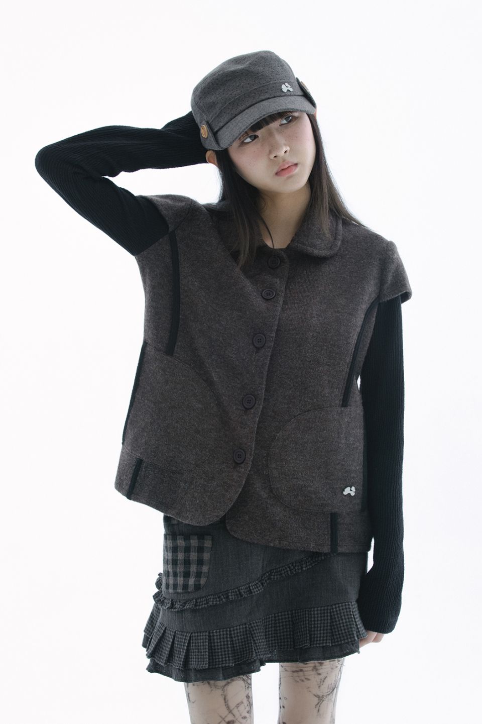 MUSINSA | HUG YOUR SKIN Round collar knit jacket (Brown)