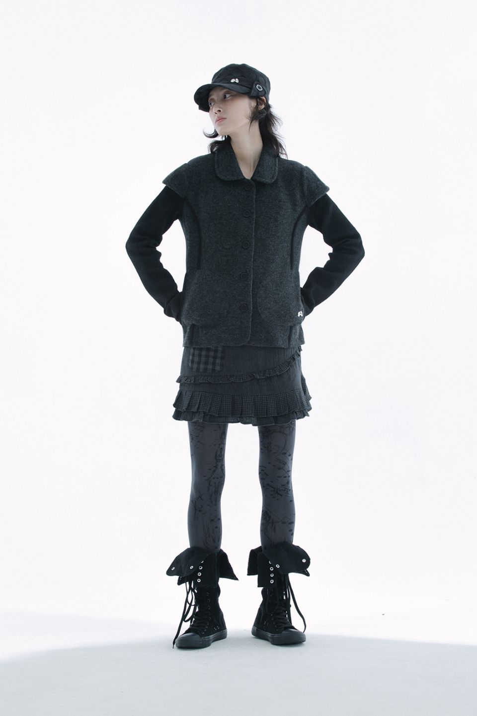 MUSINSA | HUG YOUR SKIN Round collar knit jacket (Charcoal)