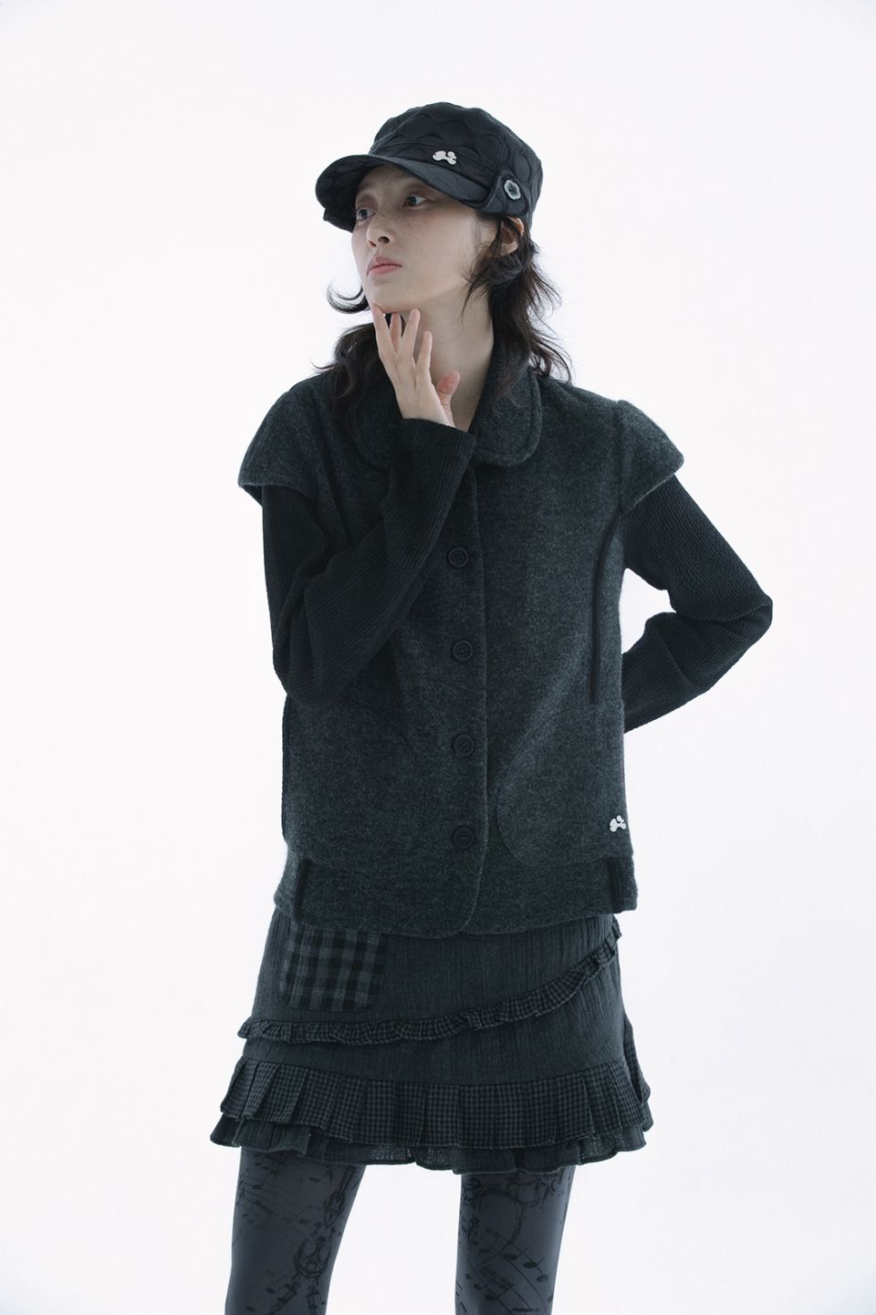 MUSINSA | HUG YOUR SKIN Round collar knit jacket (Charcoal)