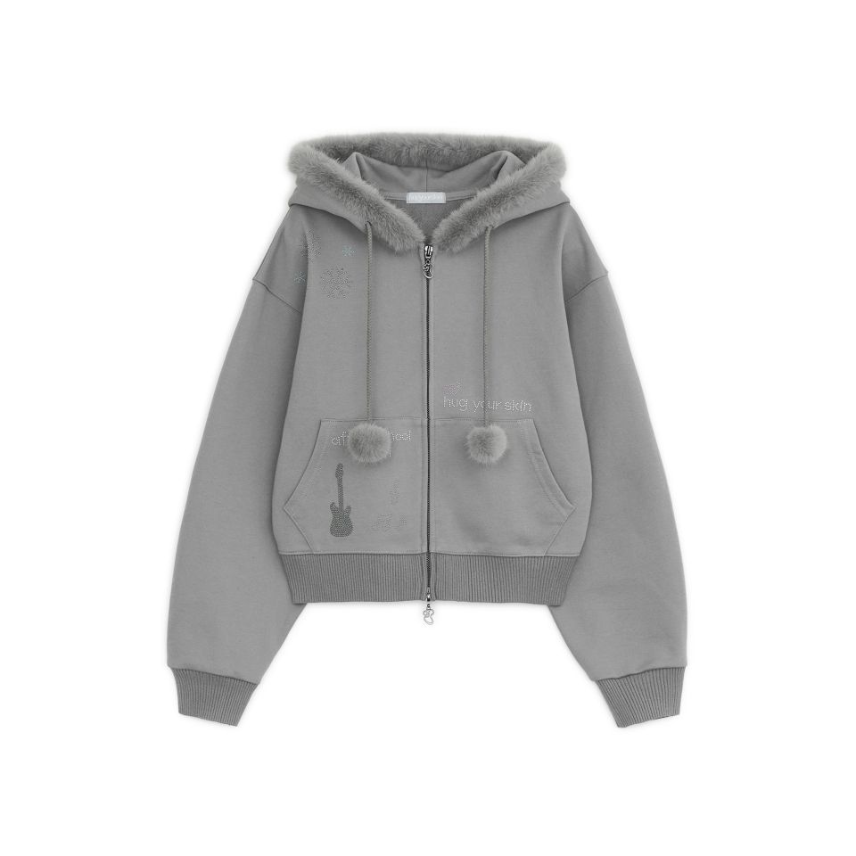 MUSINSA | HUG YOUR SKIN Hotfix fur hoodie zip-up (Gray)