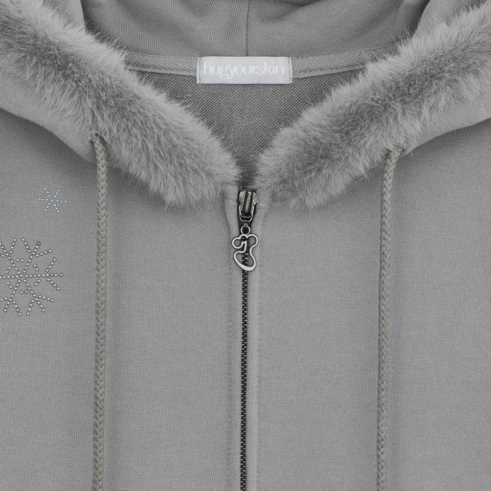 MUSINSA | HUG YOUR SKIN Hotfix fur hoodie zip-up (Gray)