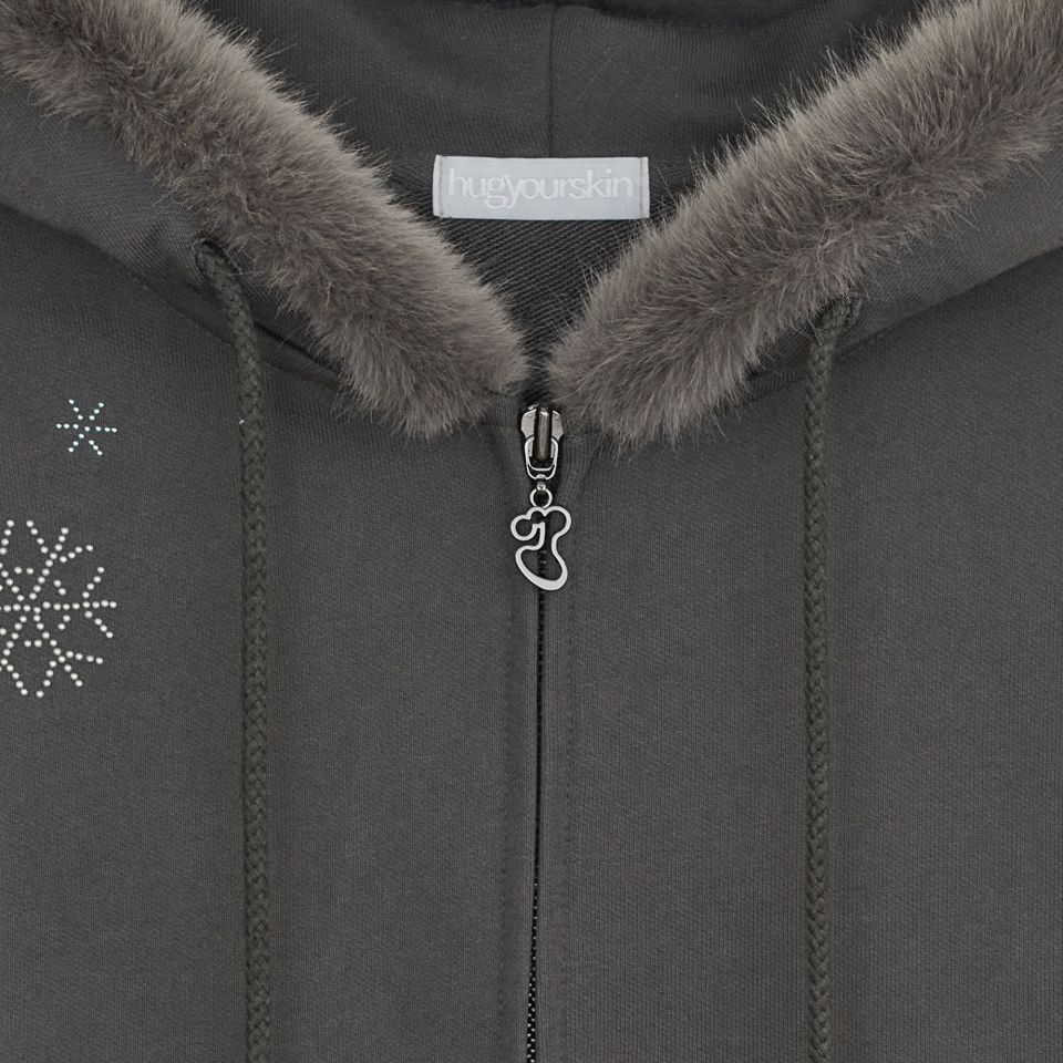 MUSINSA | HUG YOUR SKIN Hotfix fur hoodie zip-up (Charcoal)