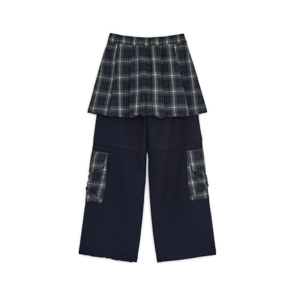 MUSINSA | HUG YOUR SKIN Check skirt layered cargo pants (Navy)