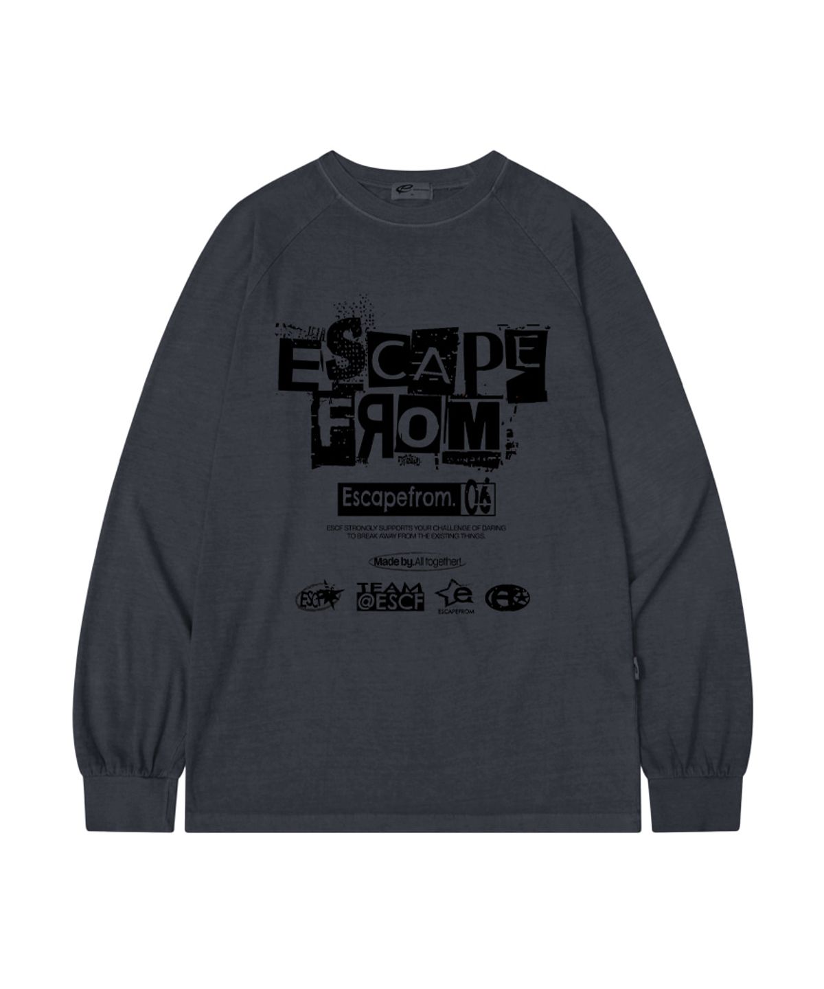이스케이프프롬(ESCAPEFROM) 그런지 로고 콜라주 프린트 오버핏 피그먼트 롱슬리브 [2color]