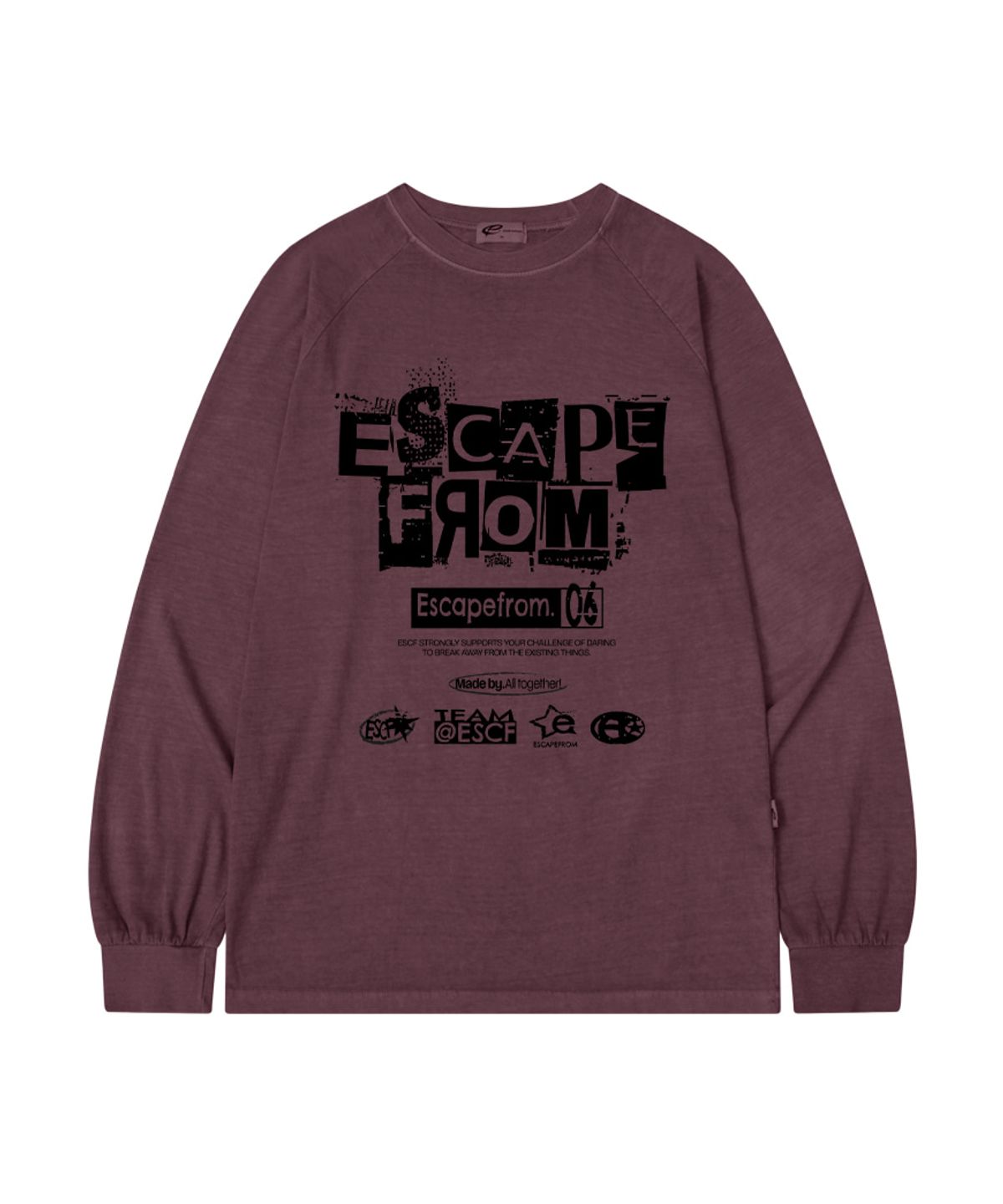 이스케이프프롬(ESCAPEFROM) 그런지 로고 콜라주 프린트 오버핏 피그먼트 롱슬리브 [2color]