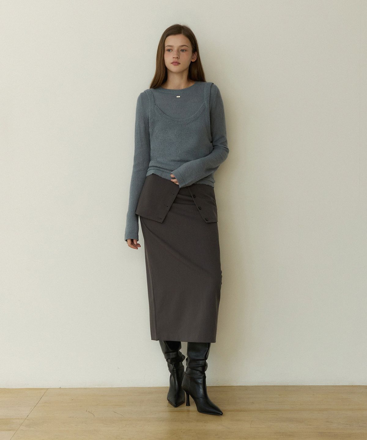 어다울(ADAUL) Layered button wrap long skirt - charcoal