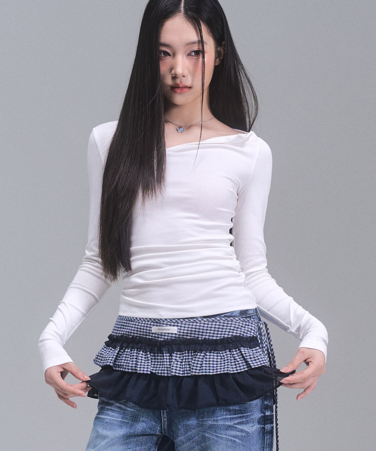 제로플래닛(ZEROPLANET) 델리 체크 레이어드 랩 스커트 [NAVY]