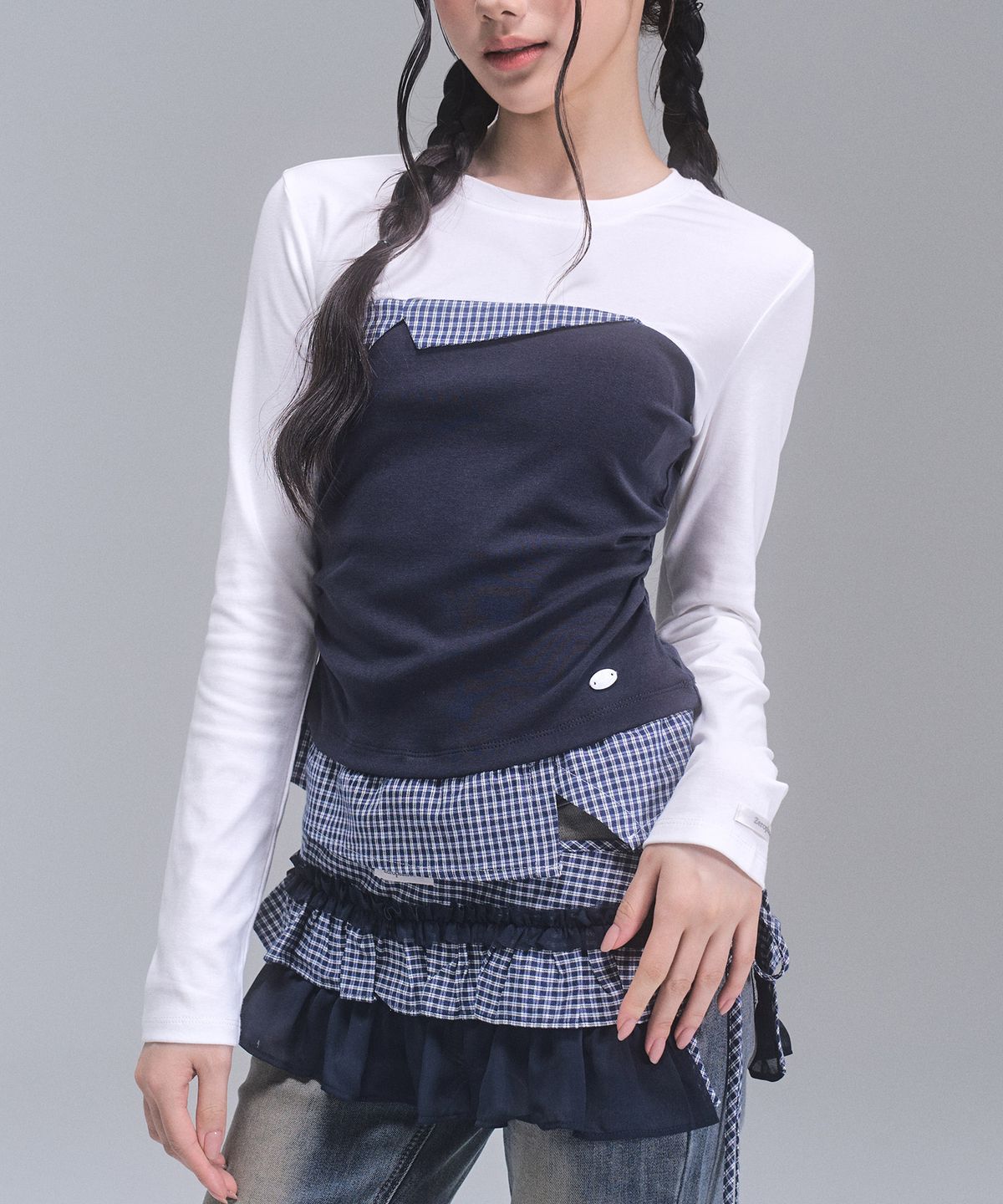 제로플래닛(ZEROPLANET) 델리 체크 레이어드 랩 스커트 [NAVY]
