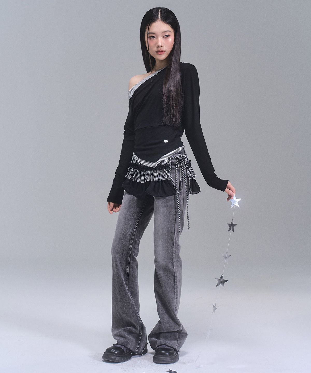 제로플래닛(ZEROPLANET) 델리 체크 레이어드 랩 스커트 [BLACK]