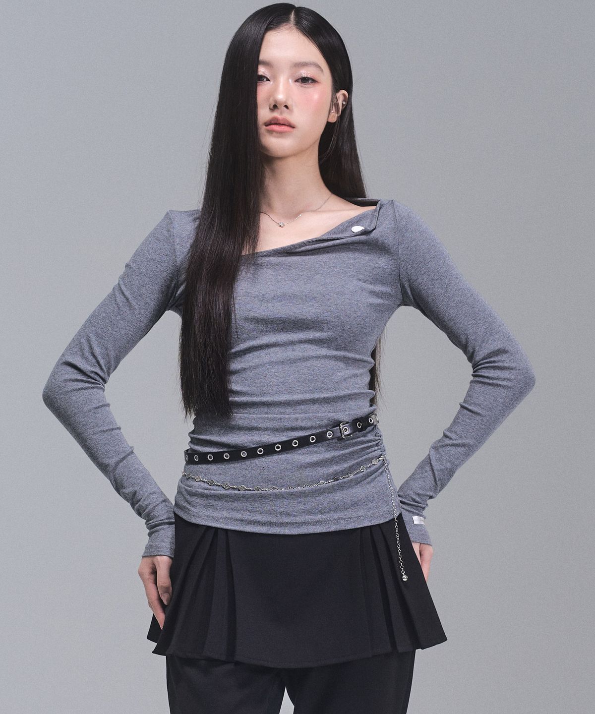 제로플래닛(ZEROPLANET) 클로이 언밸런스 슬리브 탑 [GREY]