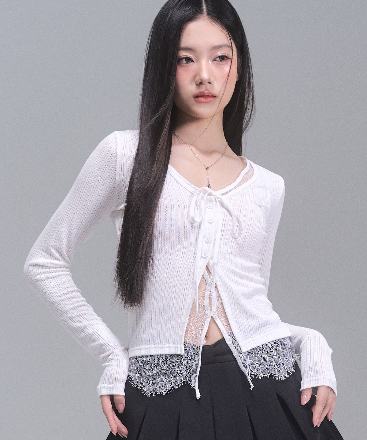 제로플래닛(ZEROPLANET) 로라 레이스 레이어드 가디건 [WHITE]