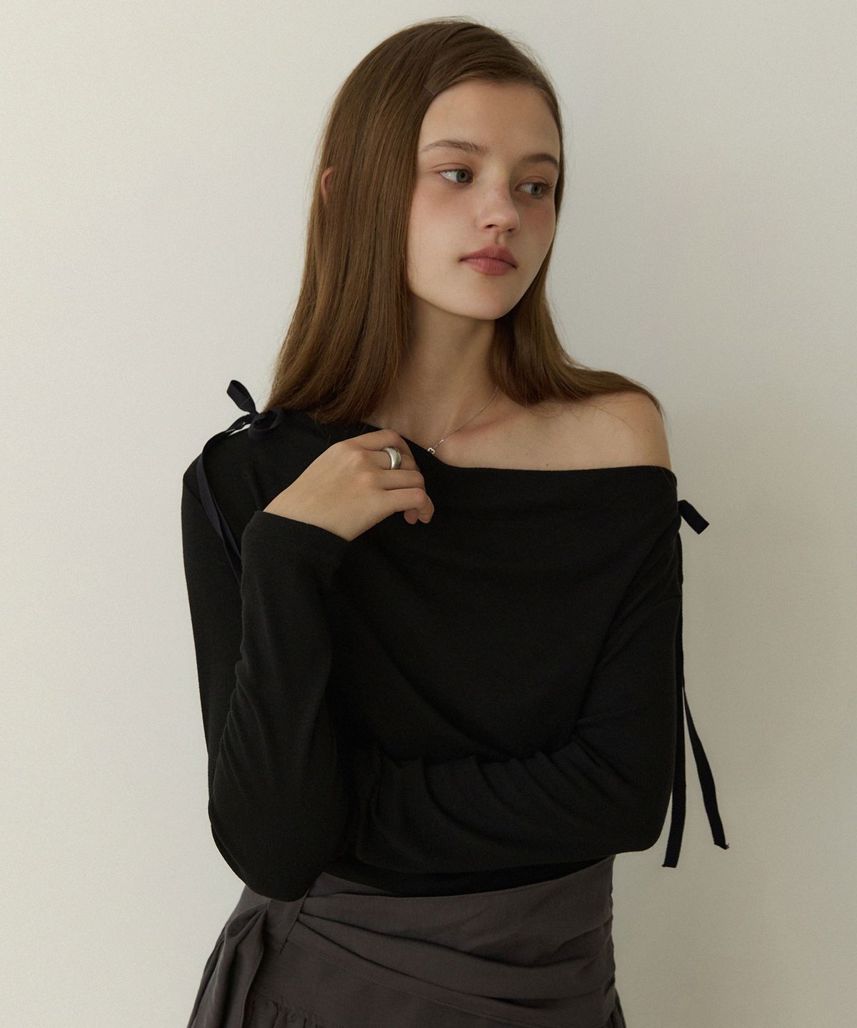 어다울(ADAUL) Drape double ribbon t shirts - 3color