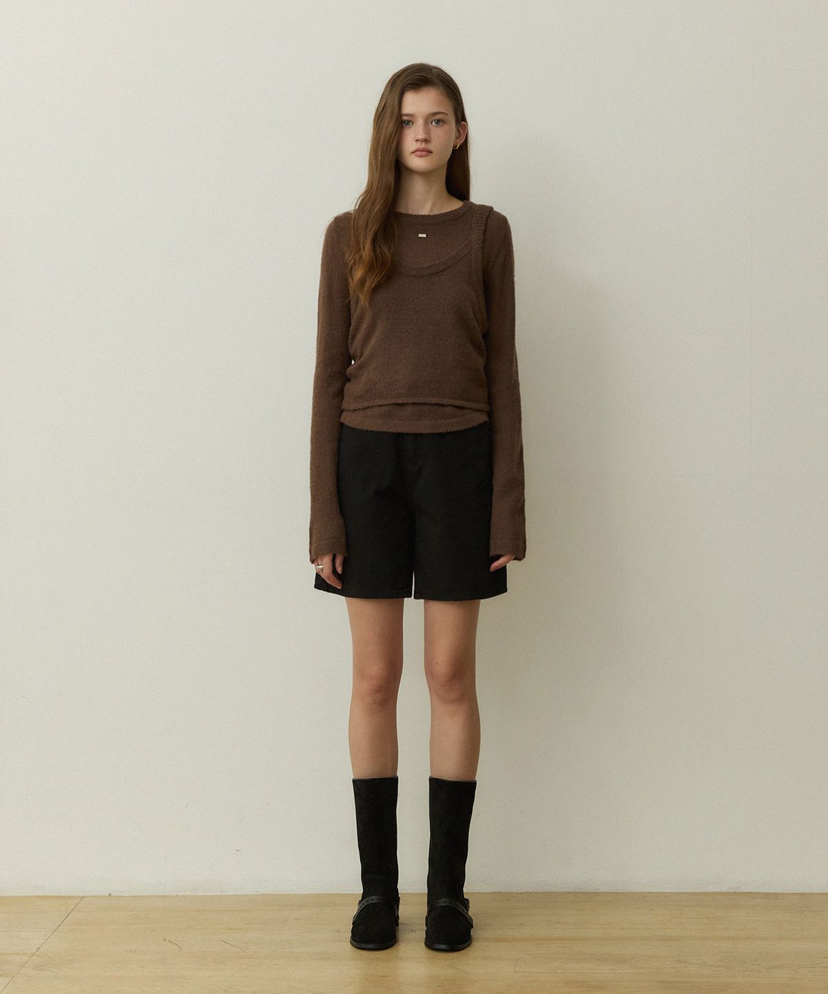 어다울(ADAUL) Multi hairy knit bustier set - brown
