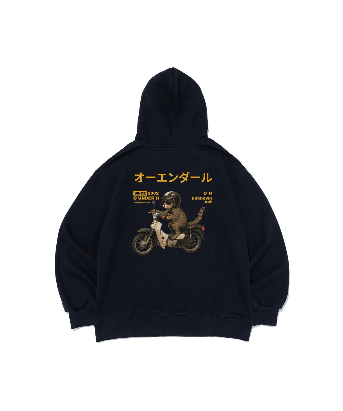 오언더알(OUNDERR) RIDING BIKE CAT 오버핏 후드 티셔츠 (네이비)
