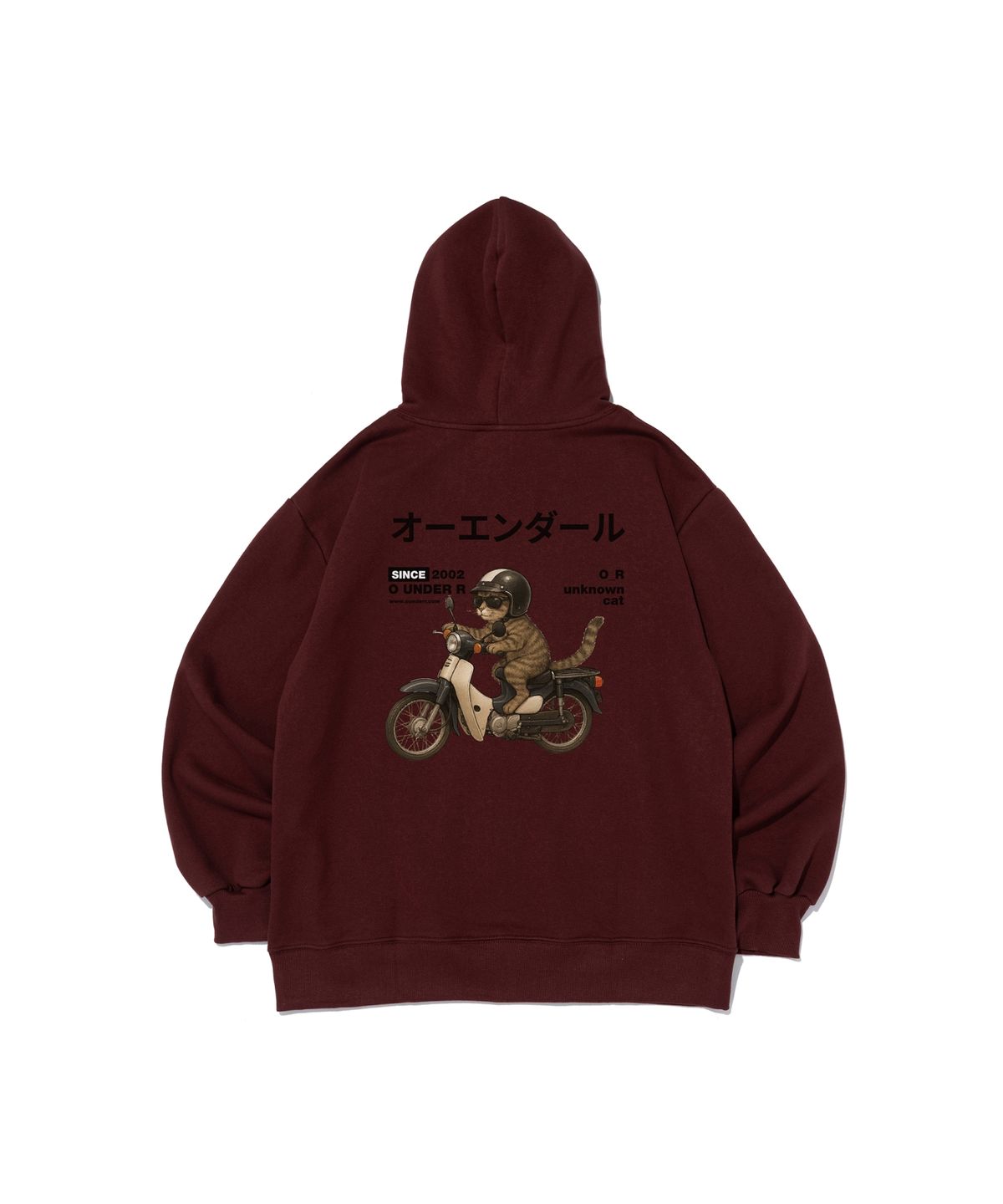 오언더알(OUNDERR) [기모선택] RIDING BIKE CAT 오버핏 후드 티셔츠 (와인)