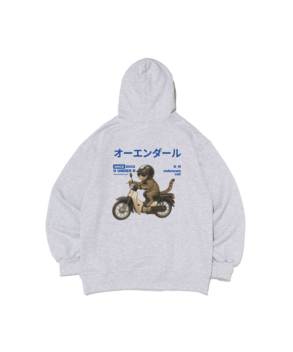 오언더알(OUNDERR) [기모선택] RIDING BIKE CAT 오버핏 후드 티셔츠 (라이트 그레이)
