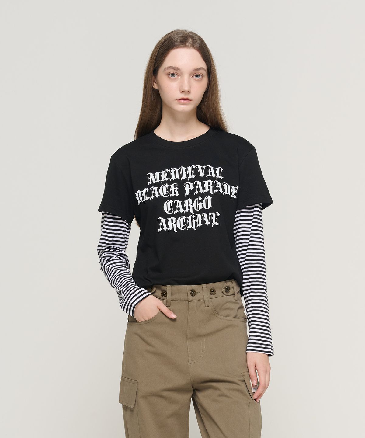카고브로스 포 우먼(CARGOBROS FOR WOMAN) 스트라이프 레이어드 긴팔티셔츠 (블랙/화이트)