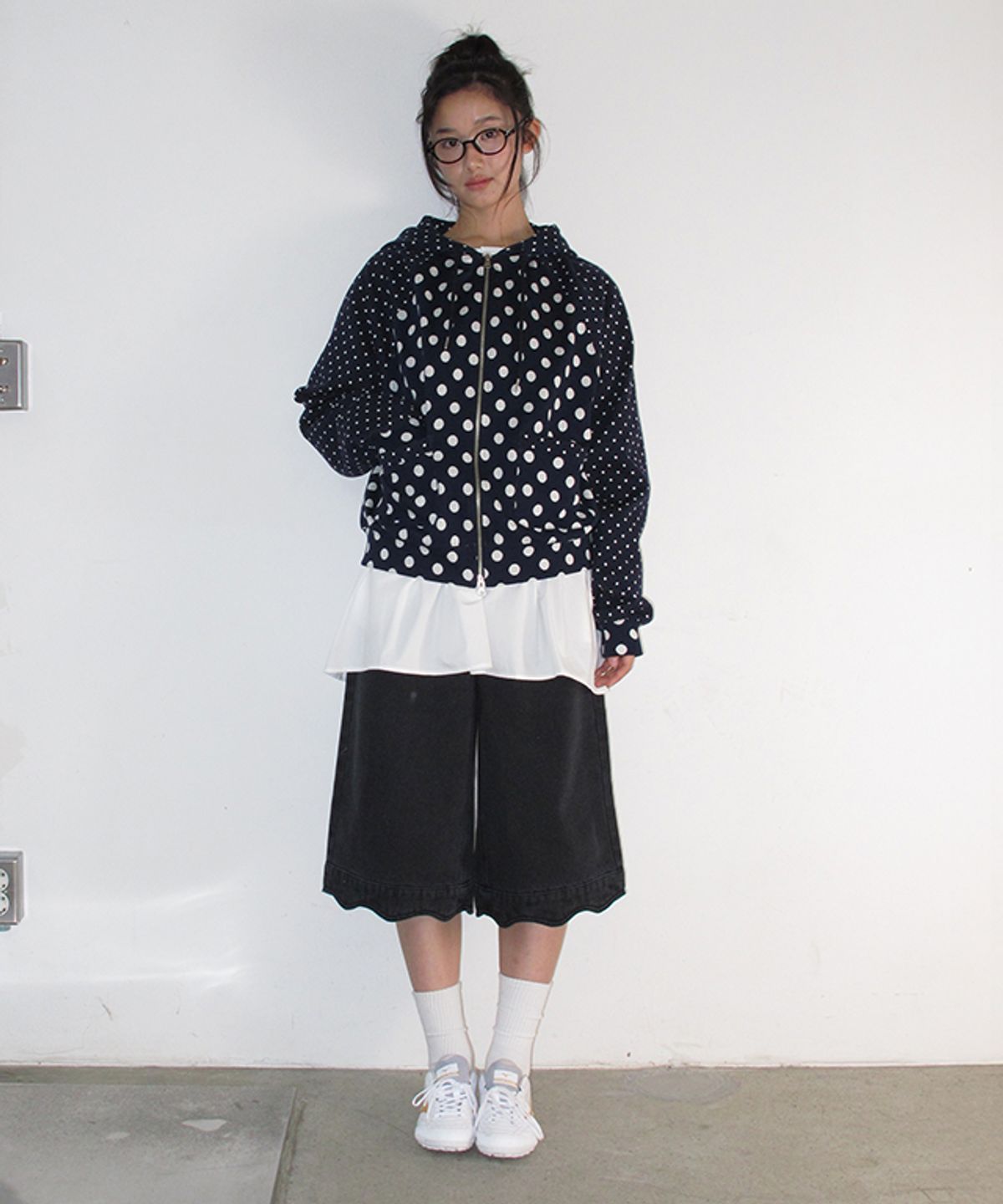 론론(RONRON) DOT RAGLAN HOODED ZIP UP NAVY